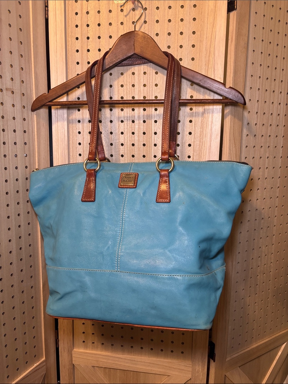 Dooney & Bourke Turquoise Leather Tote with Brown Trim